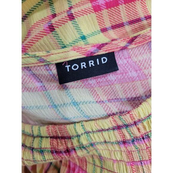Torrid Women's Smocked Crew‎ Neck Blouse Crinkle Gauze Plaid Yellow 2021 - Picture 8 of 8